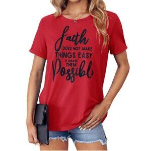 Women's Faith‎ Letter Print Red Cotton Short Sleeve T-Shirt Large NWT